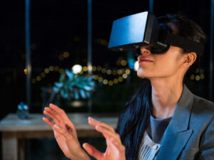 A woman wearing a virtual reality headset