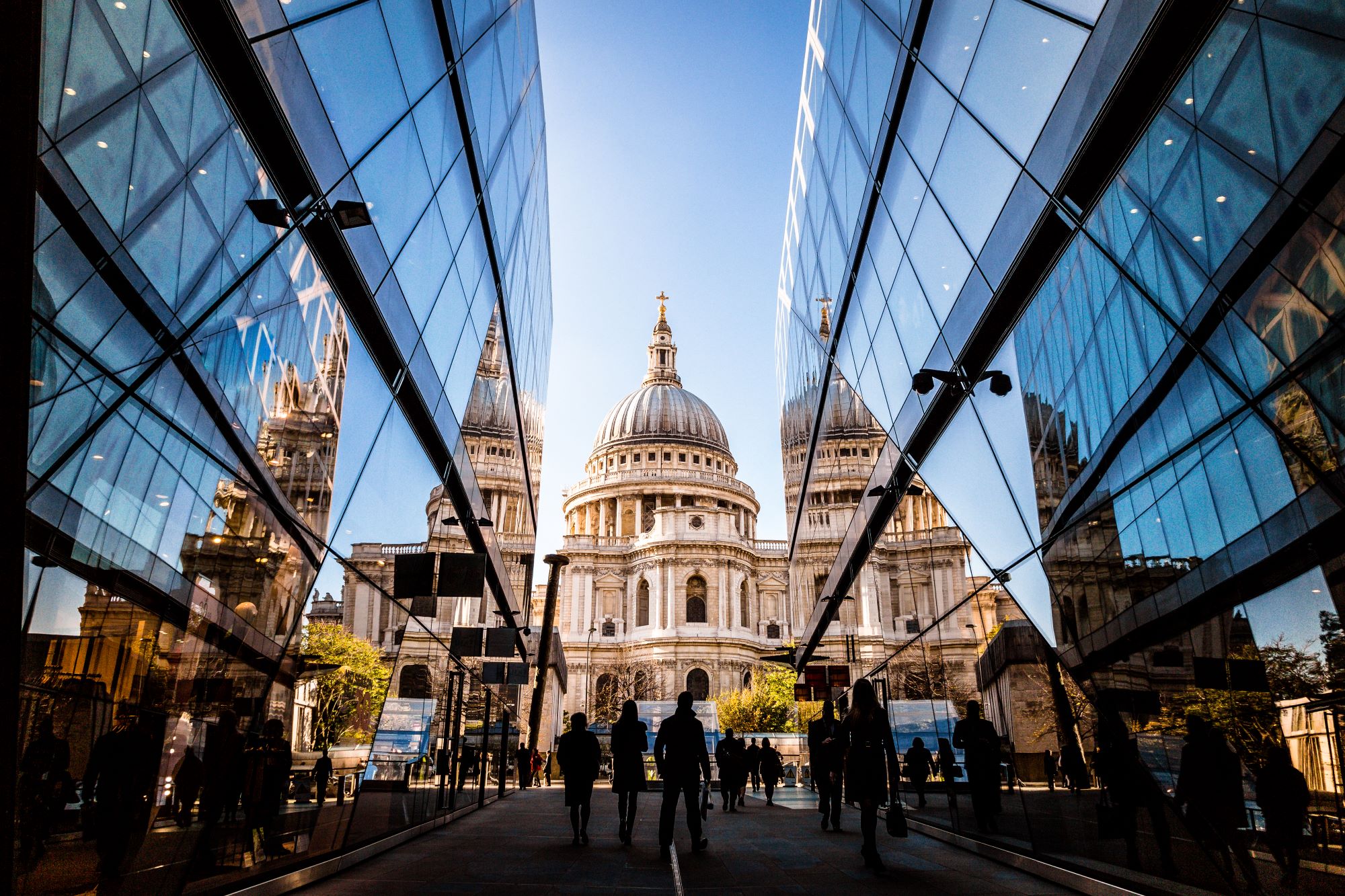 St Paul's photographed between glass buildings
